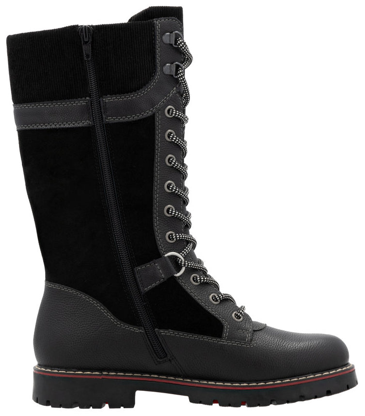 Knee-high lace-up boot in gray and black leather with side zipper.
