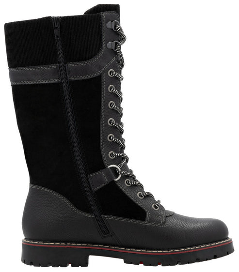 Knee-high lace-up boot in gray and black leather with side zipper.