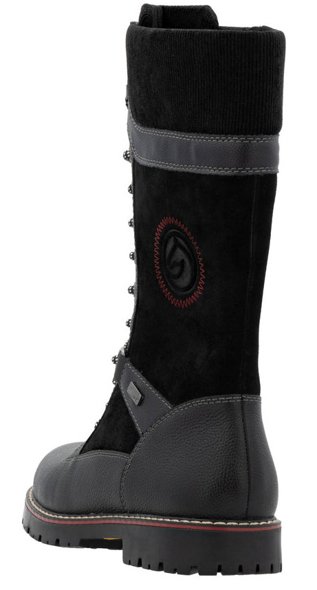 Black knee-high boot with lace-up closure, gray accents, and thick treaded sole.
