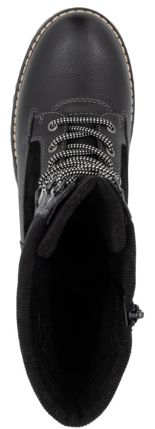 A black boot with laces and a side zipper.