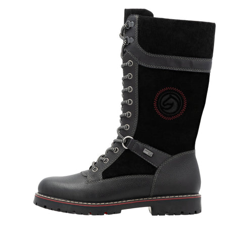 A gray knee-high boot with laces and a black section on the shaft featuring a circular logo.