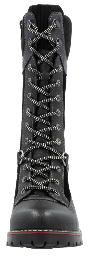A black lace-up boot with a lug sole.
