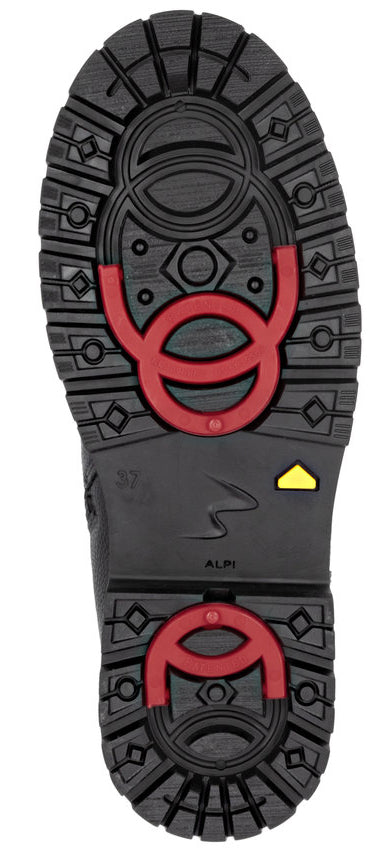 Bottom view of a boot with red horseshoe-shaped ice grips on the toe and heel, along with a yellow logo.