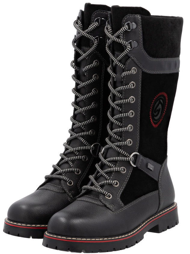 Pair of tall, black, lace-up boots with gray accents.