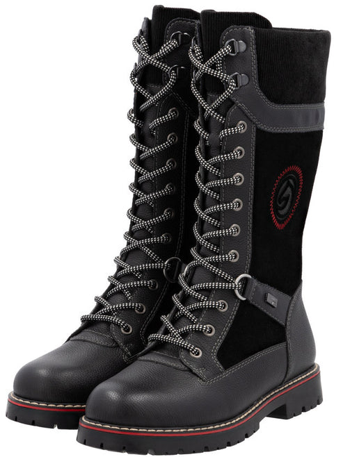 Pair of tall, black, lace-up boots with gray accents.