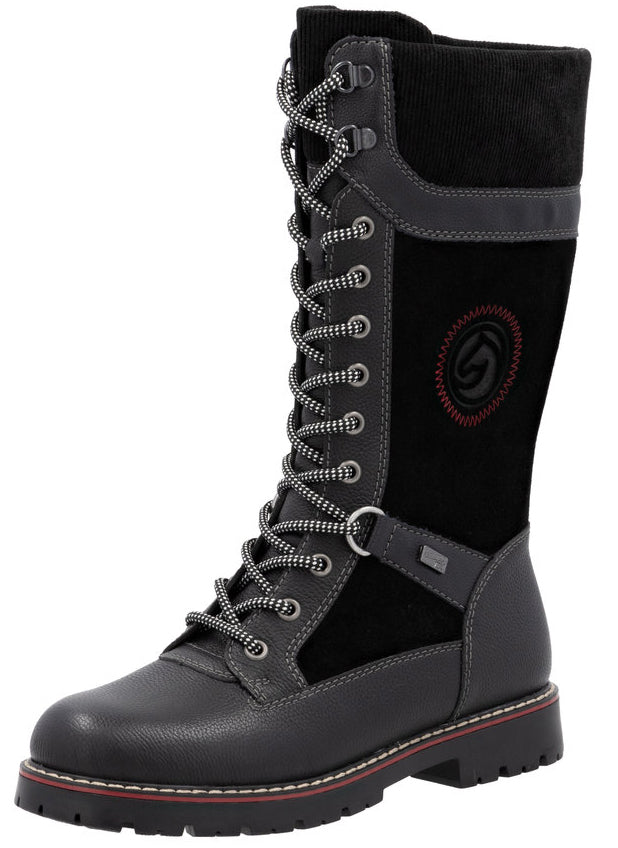 Mid-calf, lace-up, waterproof gray and black boot with a round toe and a red accent stripe.