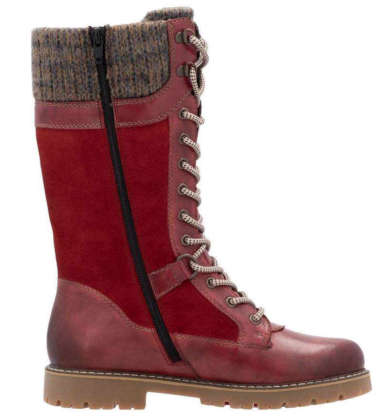 A red mid-calf lace-up boot featuring a side zipper and a gray knitted wool collar.