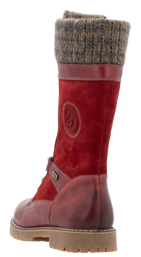 Red suede tall boot with a knit sock cuff.