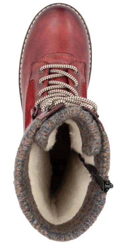 Red winter boot with laces and faux fur lining.