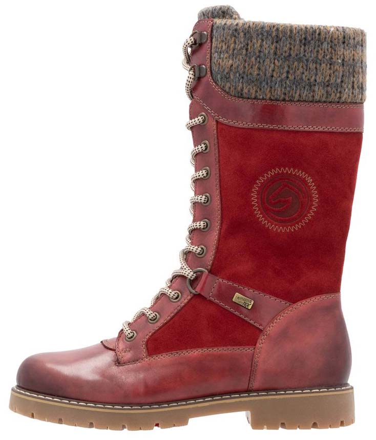 Knee-high red leather lace-up boot with knit collar and lug sole.
