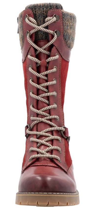 Red lace-up tall boots with knit cuff.
