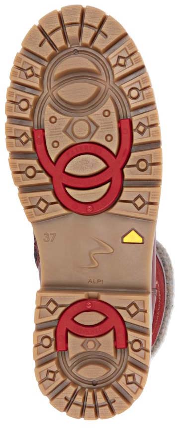 The sole of a boot with red traction cleats.