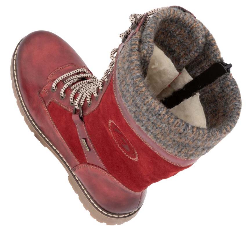 Red leather and suede ankle boot with knit collar and lace-up closure.