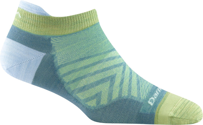 Low-cut teal sock with green stripes, light blue heel and ankle padding, and branding visible on the top of the foot.