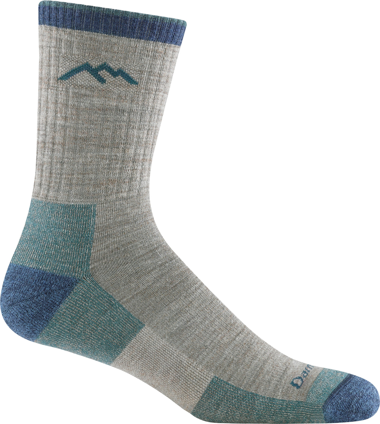 Grey sock with blue top and toe, teal heel, mountain logo.
