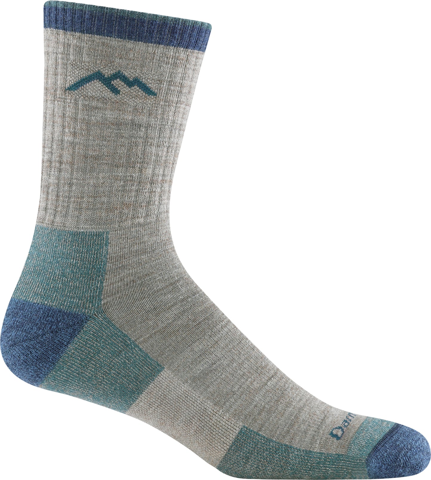 Grey sock with blue top and toe, teal heel, mountain logo.