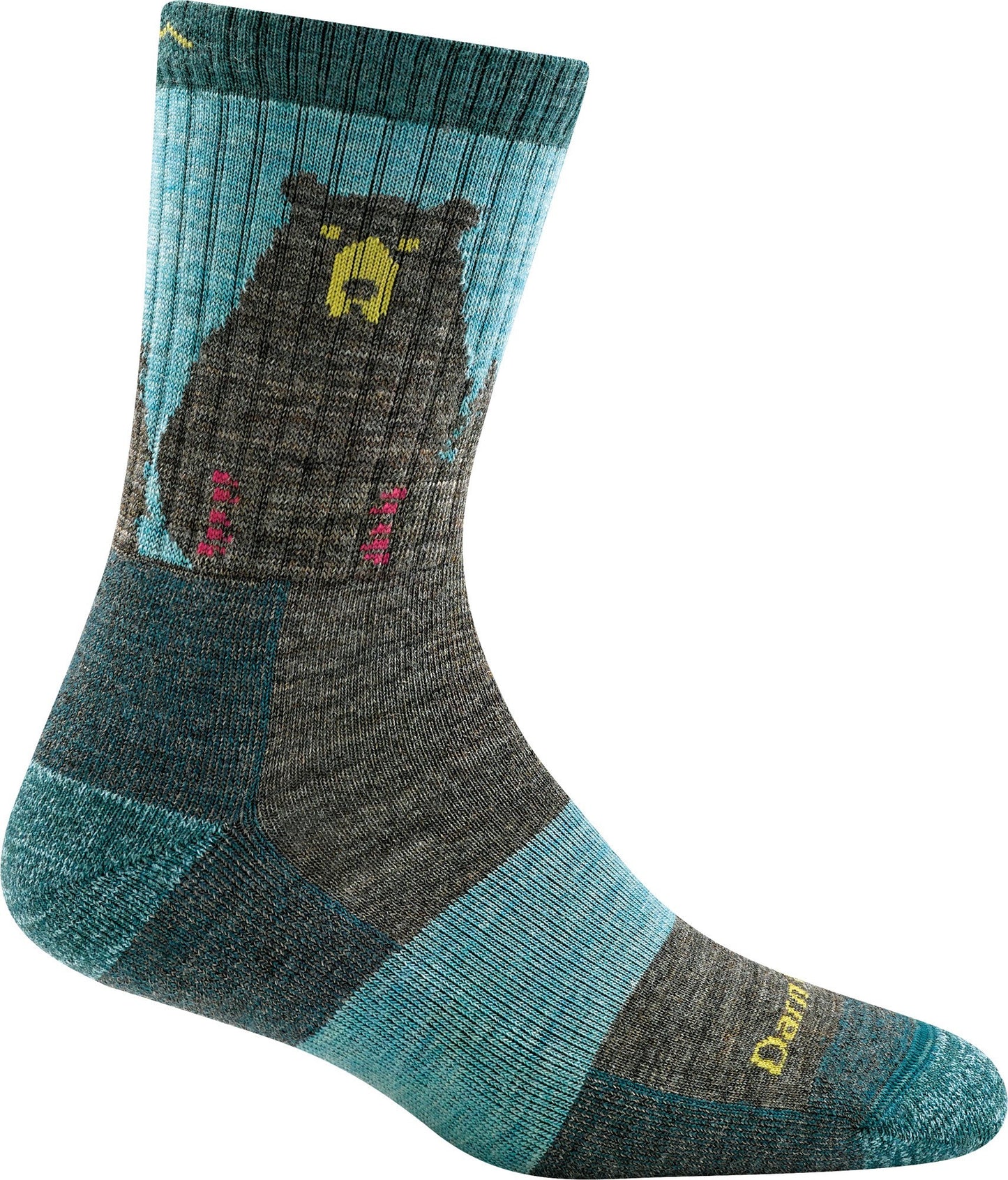 A crew-length hiking sock featuring a graphic of a black bear against a teal and gray striped background with a green logo on the toe.