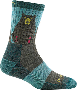 A crew-length hiking sock featuring a graphic of a black bear against a teal and gray striped background with a green logo on the toe.