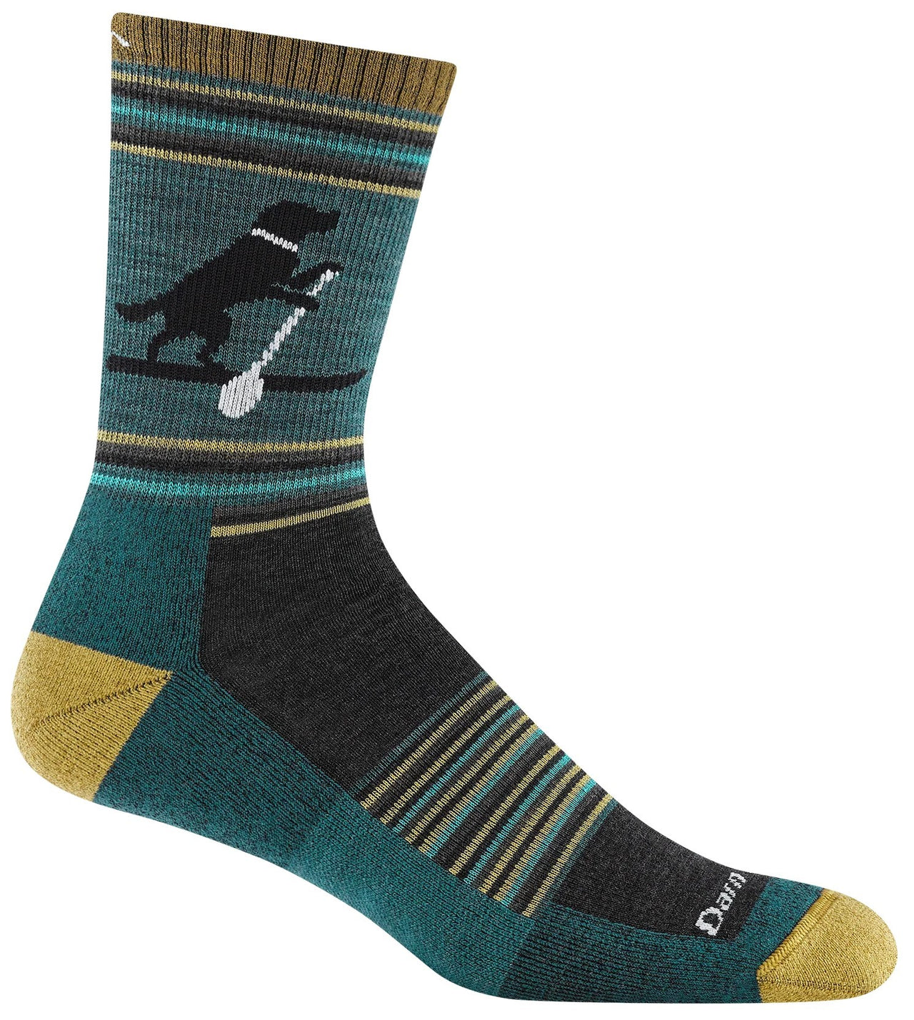 A crew-length hiking sock in teal, charcoal, and mustard yellow featuring a graphic of a black dog standing on a paddleboard on the calf, with a mustard heel and toe and ribbed striped patterning across the foot and ankle.