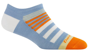 Light blue no-show sock with orange toe and stripes.