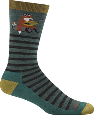 A crew-length sock with a green and black horizontal stripe pattern, a mustard-yellow heel and toe, and a graphic of a cartoon fox playing a guitar while sitting on a log.