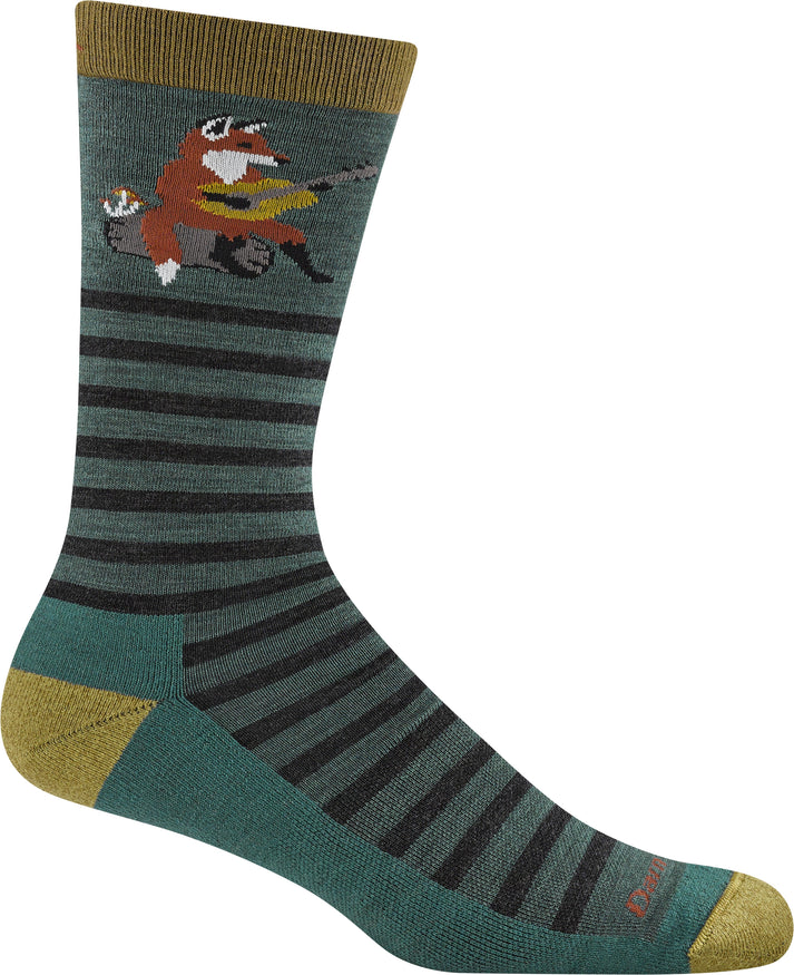 A crew-length sock with a green and black horizontal stripe pattern, a mustard-yellow heel and toe, and a graphic of a cartoon fox playing a guitar while sitting on a log.
