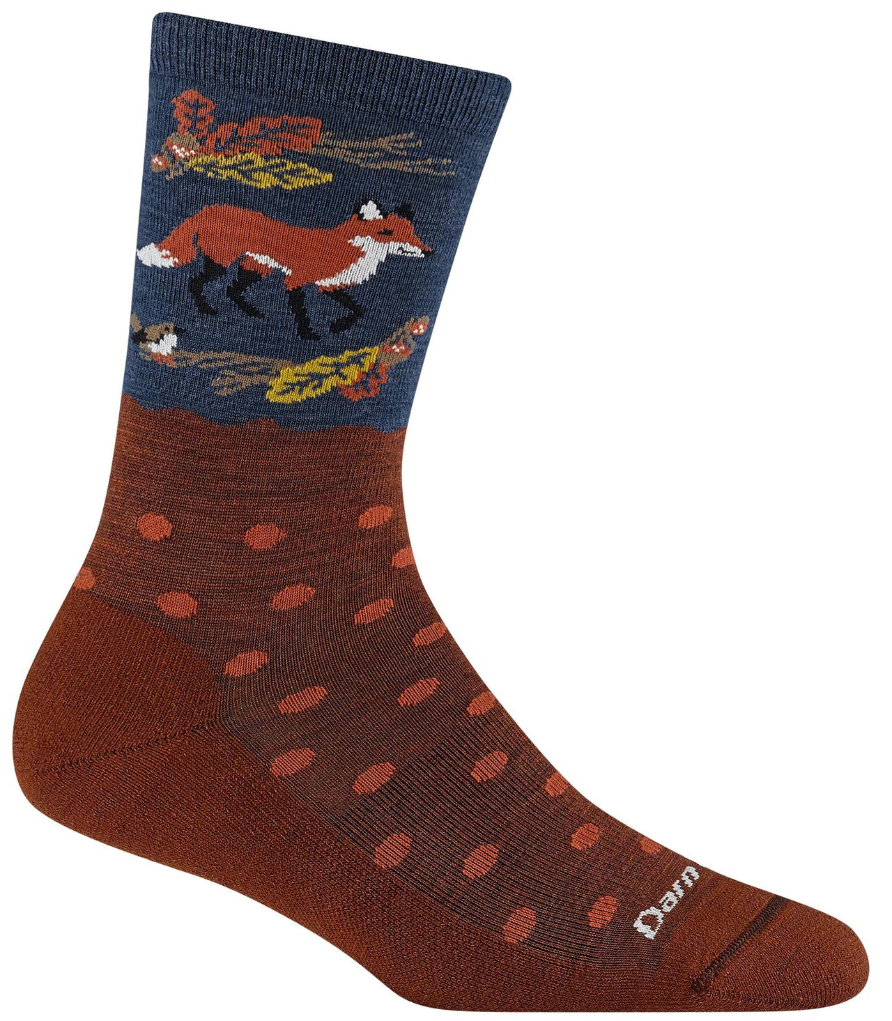 A crew sock featuring a blue upper cuff with a pattern of foxes and autumn leaves, transitioning into a brown foot section decorated with small orange horizontal dashes and the word "darn" written near the toe.