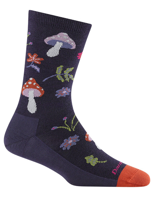 A sock featuring a mushroom and floral pattern with a contrasting toe.