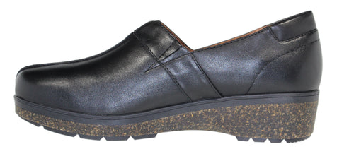 A black leather clog with a cork sole.