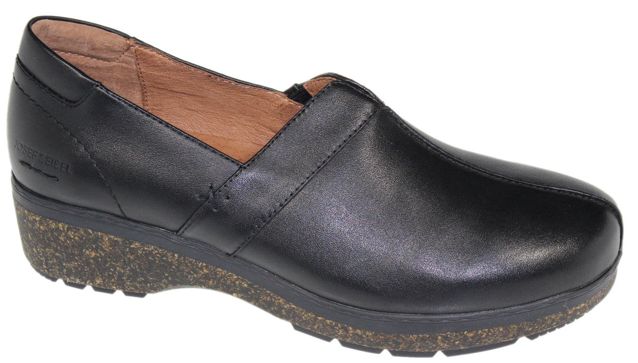 Black leather slip-on shoe with cork sole.