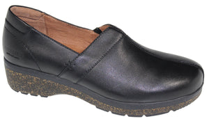 Black leather slip-on shoe with cork sole.