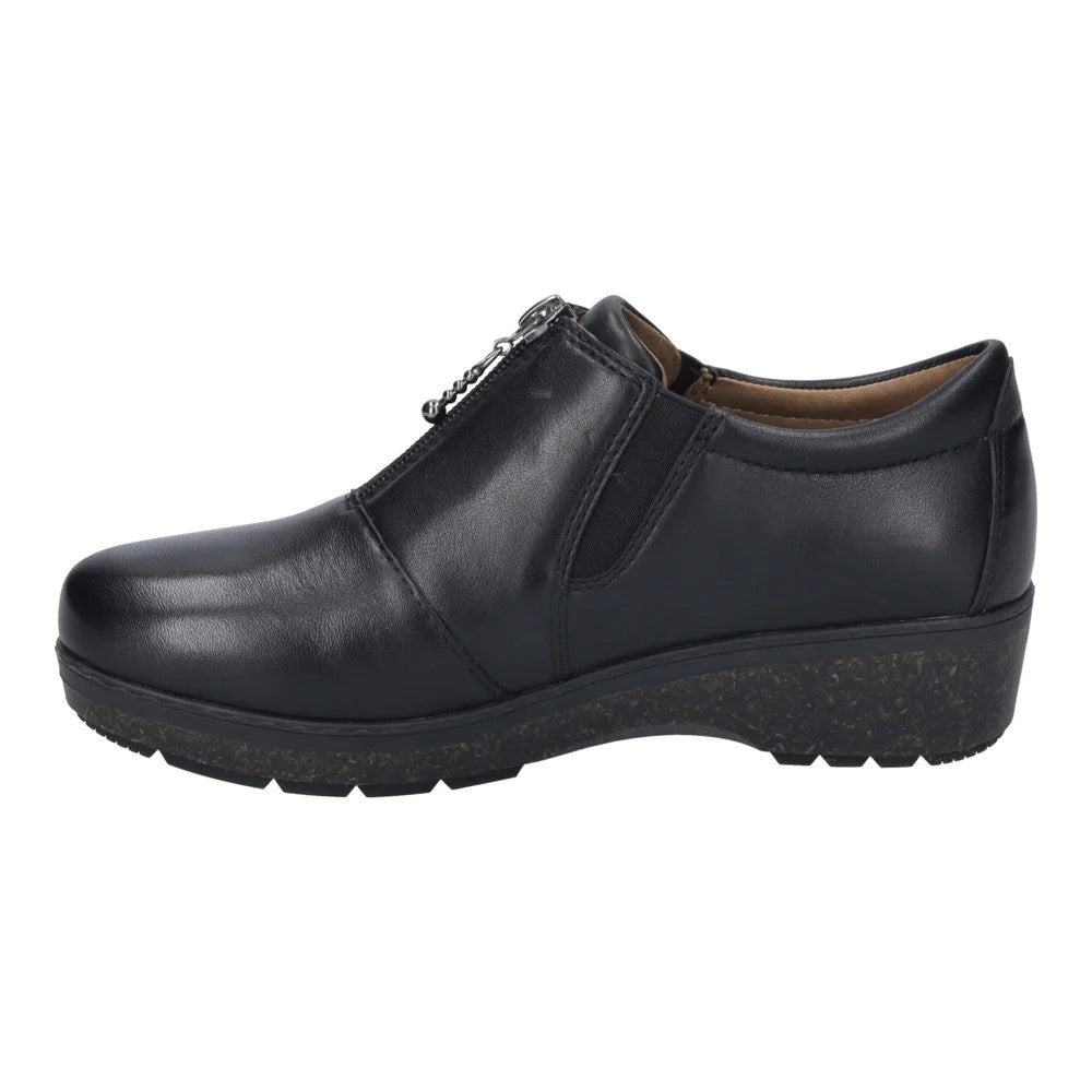 Black slip-on shoe with front zipper and low heel.