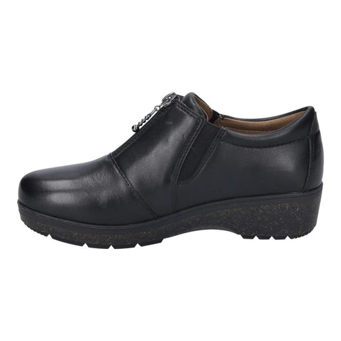 Black slip-on shoe with front zipper and low heel.