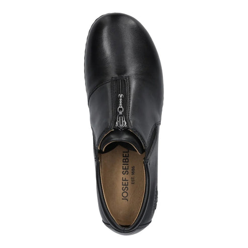Black slip-on shoe with a decorative zipper. The inner of the shoe is a light brown color. Visible text on inner of shoe reads "JOSEF SEIBEL EST 1886".