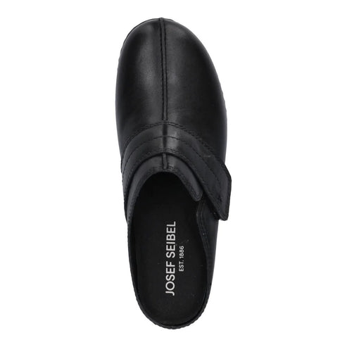 Black leather clog with hook and loop strap and the text JOSEF SEIBEL EST. 1886 on the footbed.
