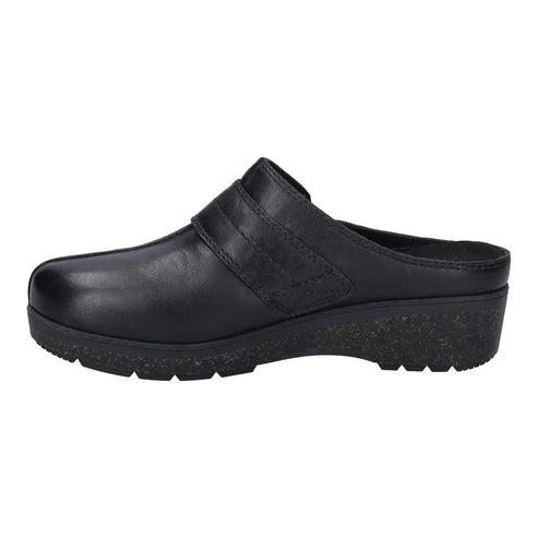 Black leather clog with textured strap and sole.