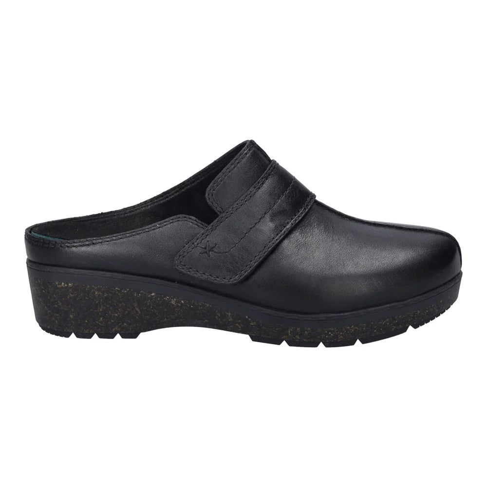 Black leather slip-on clog with a strap.