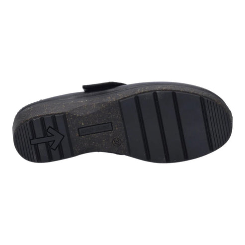 Black shoe sole with arrow pointing left and ribbed pattern.