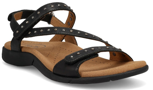 Black sandal with studded straps.