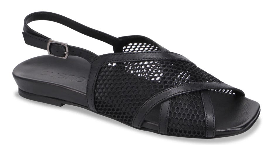 Black sandal with an open toe and leather straps over mesh.