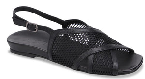 Black sandal with an open toe and leather straps over mesh.