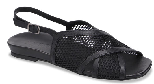 Black sandal with an open toe and leather straps over mesh.