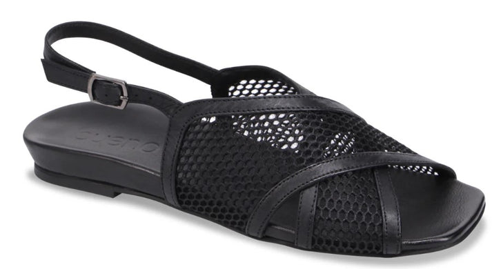 Black sandal with an open toe and leather straps over mesh.