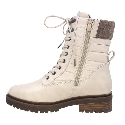 Cream-colored lace-up boot with a side zipper and a low heel.