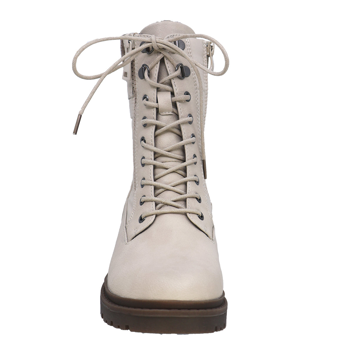 Beige, mid-calf height lace-up boot with side zipper.