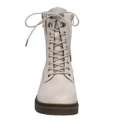 Beige, mid-calf height lace-up boot with side zipper.