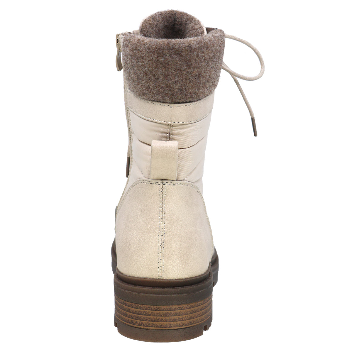 Beige quilted boot with laces and brown felt cuff, viewed from the back.