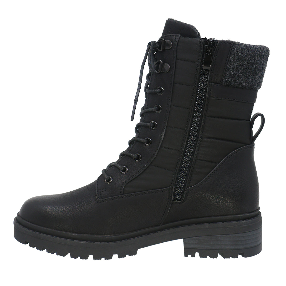 Black lace-up combat boot with side zipper and padded collar.