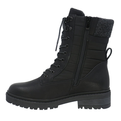 Black lace-up combat boot with side zipper and padded collar.