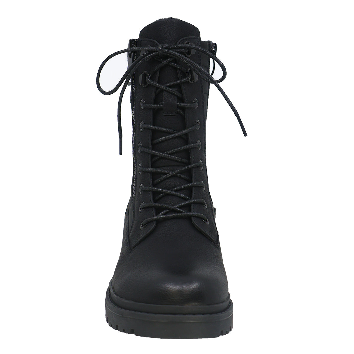Front view of black, mid-calf lace-up boot with thick, lug sole.